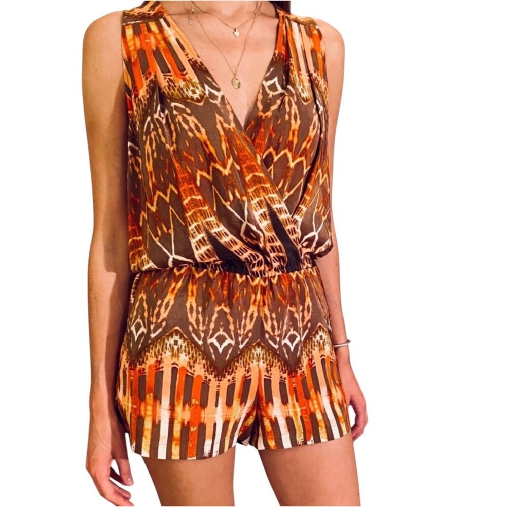 BCBGMaxAzria Thalia Tribal Silk Romper Orange XS